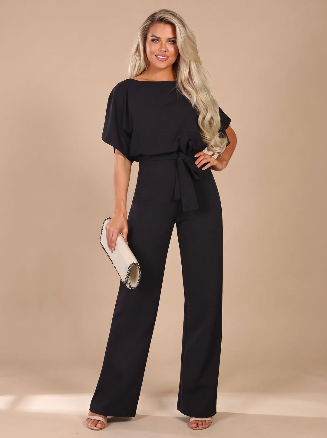 Women's Tie-Belt Wide-Leg Short-Sleeve Jumpsuit