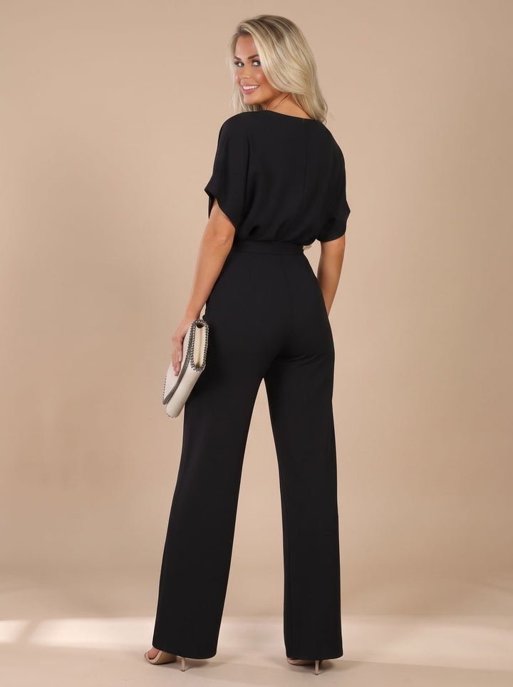Women's Tie-Belt Wide-Leg Short-Sleeve Jumpsuit