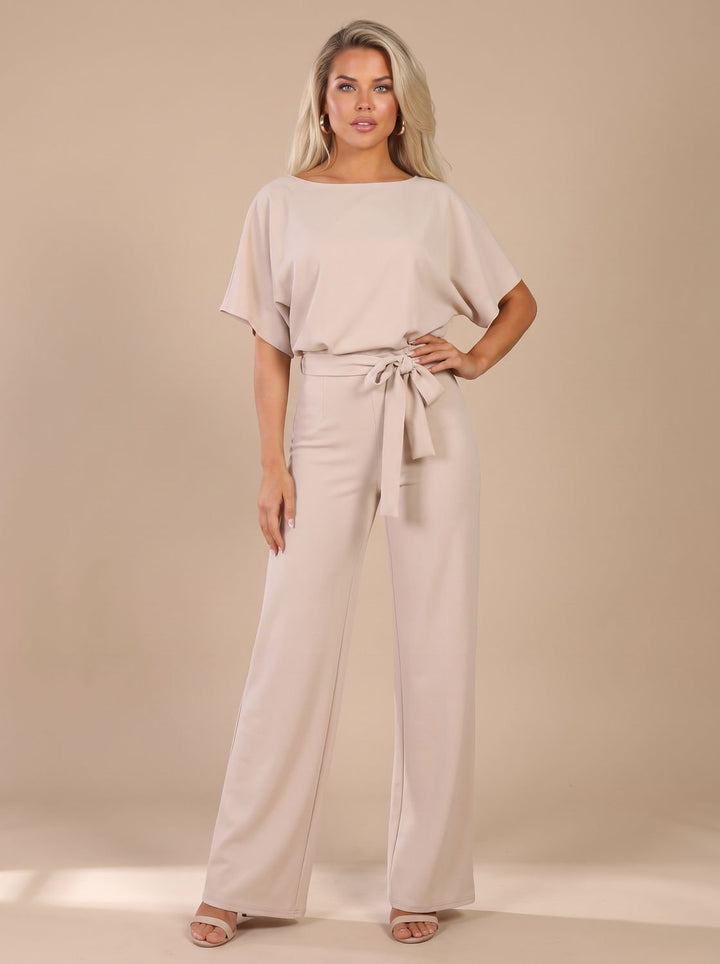 Women's Tie-Belt Wide-Leg Short-Sleeve Jumpsuit - Apricot