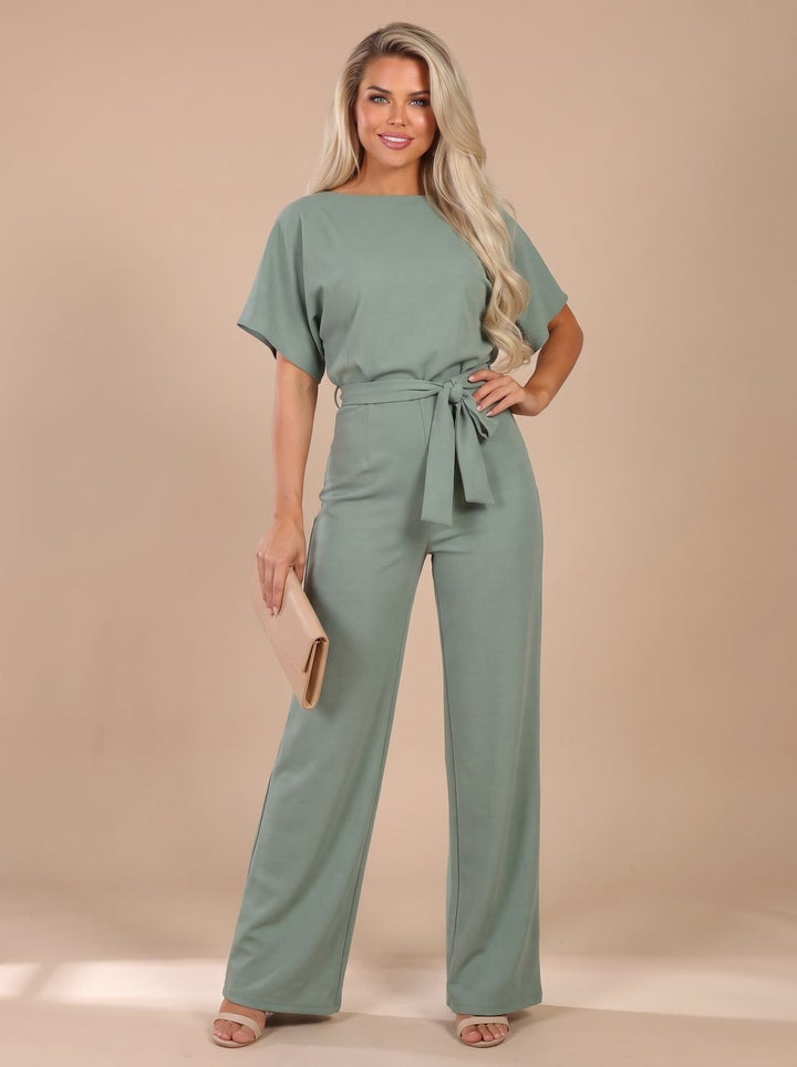 Women's Tie-Belt Wide-Leg Short-Sleeve Jumpsuit - Green