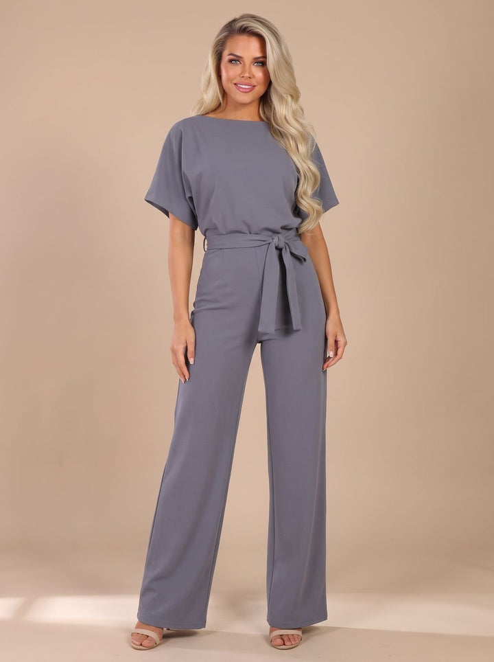 Women's Tie-Belt Wide-Leg Short-Sleeve Jumpsuit - Grey