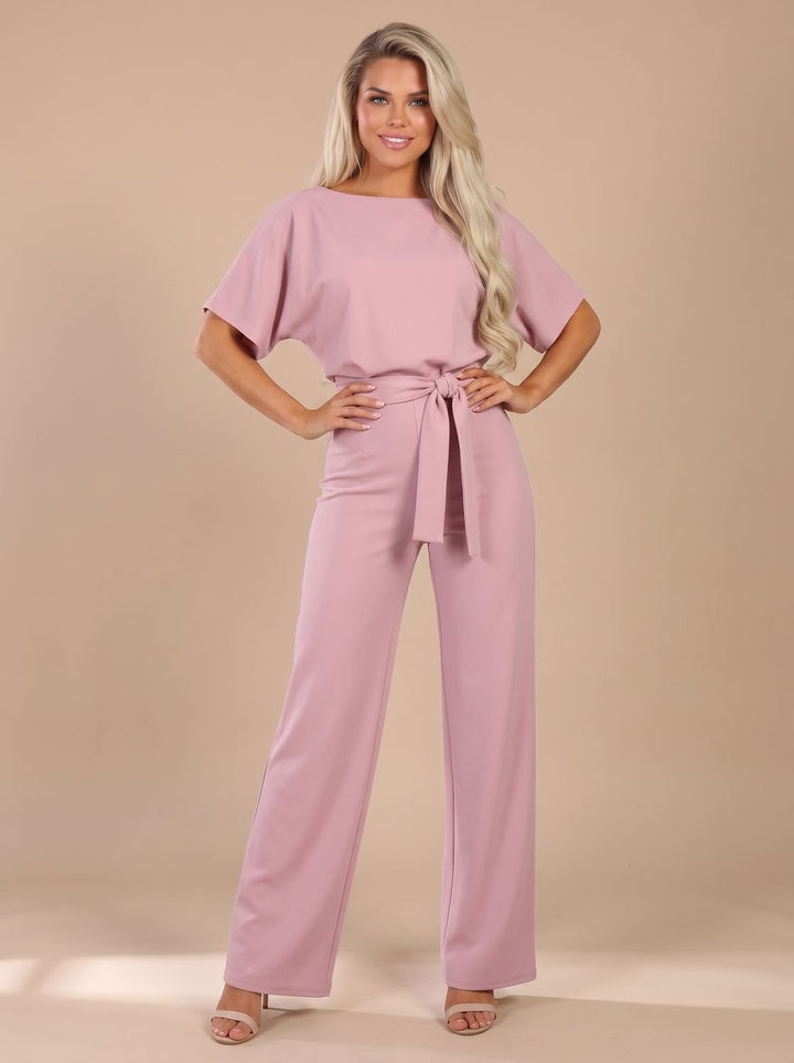 Women's Tie-Belt Wide-Leg Short-Sleeve Jumpsuit - Pink
