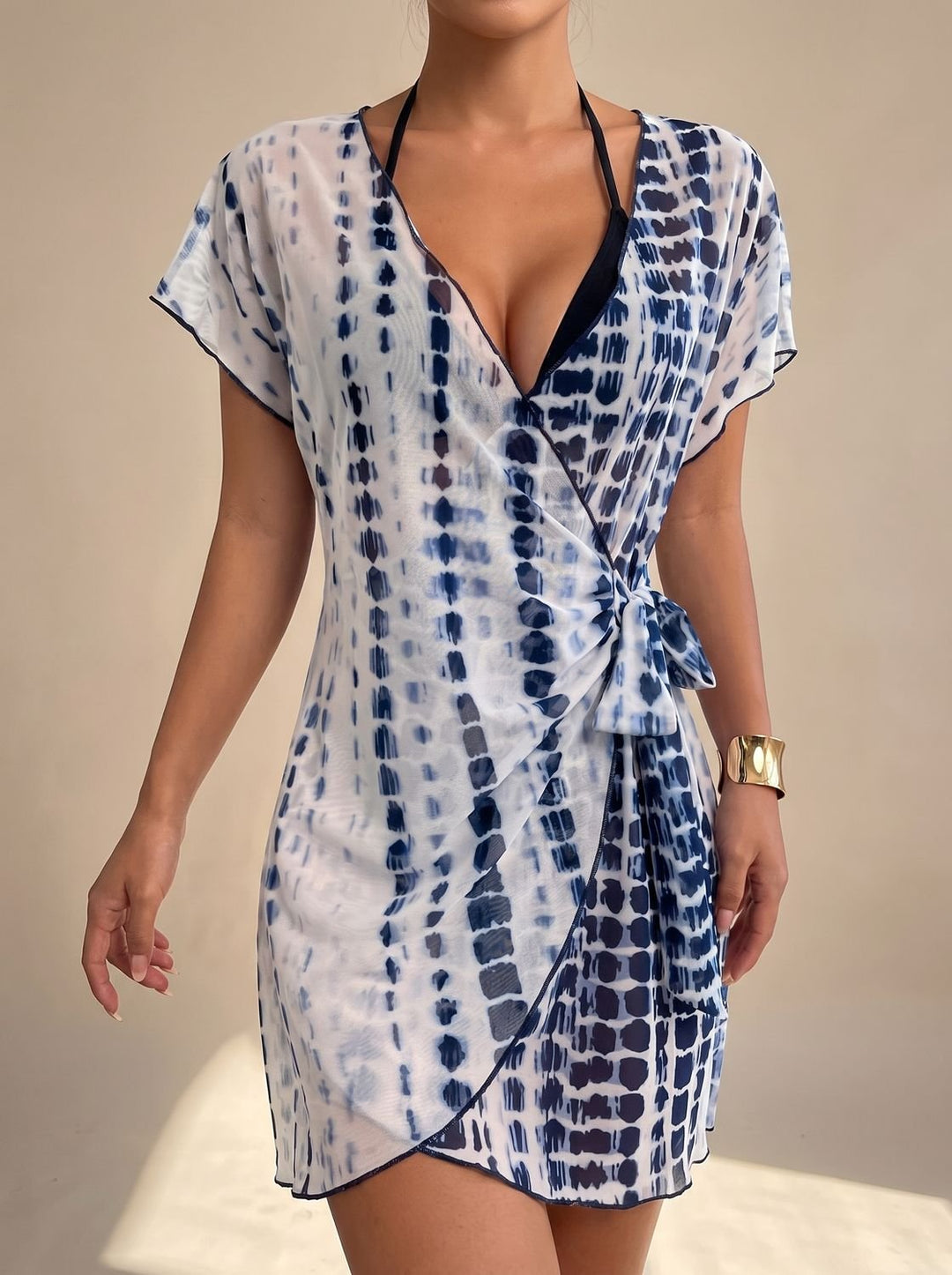 Women's Tie-Dye Wrap Swimsuit Cover-Up Mini Dress - White