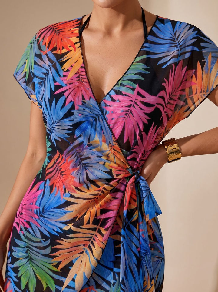 Women's Tie-Dye Wrap Swimsuit Cover-Up Mini Dress - Blue