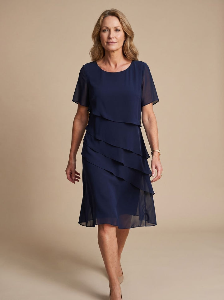 Women's Tiered Chiffon Short-Sleeve Midi Dress - Navy Blue