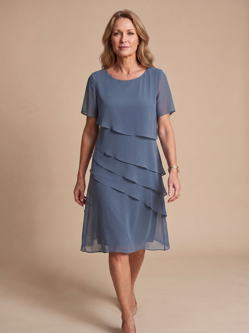 Women's Tiered Chiffon Short-Sleeve Midi Dress - Blue