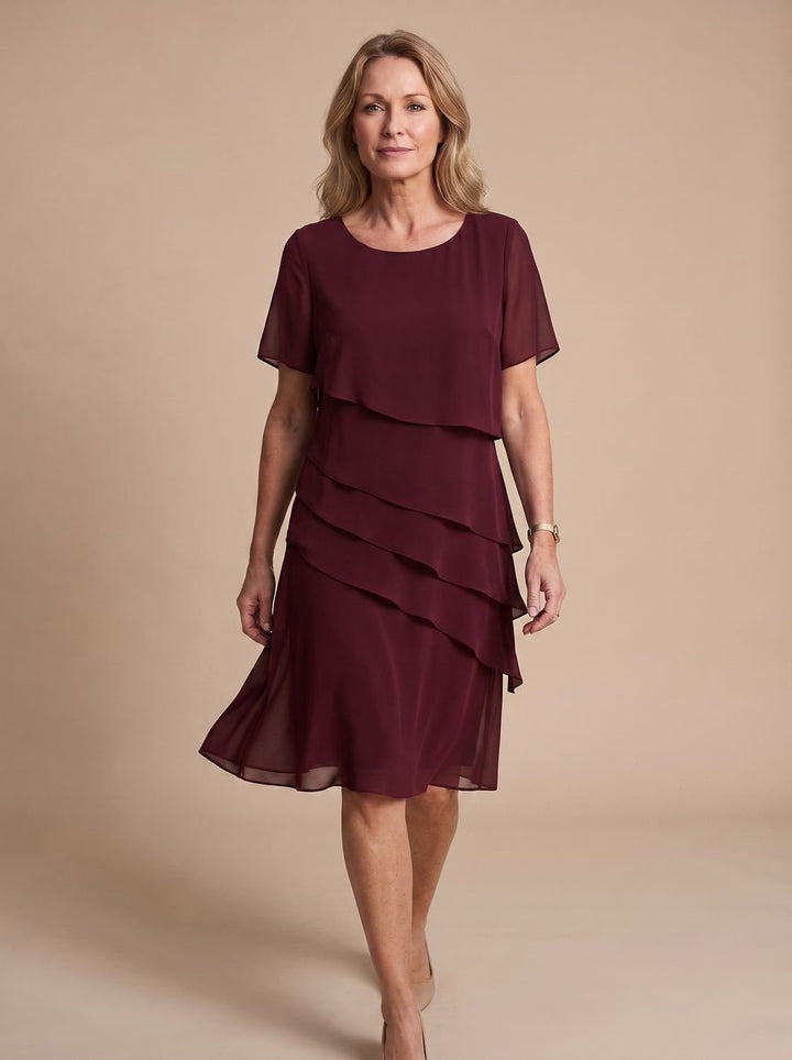 Women's Tiered Chiffon Short-Sleeve Midi Dress - Red