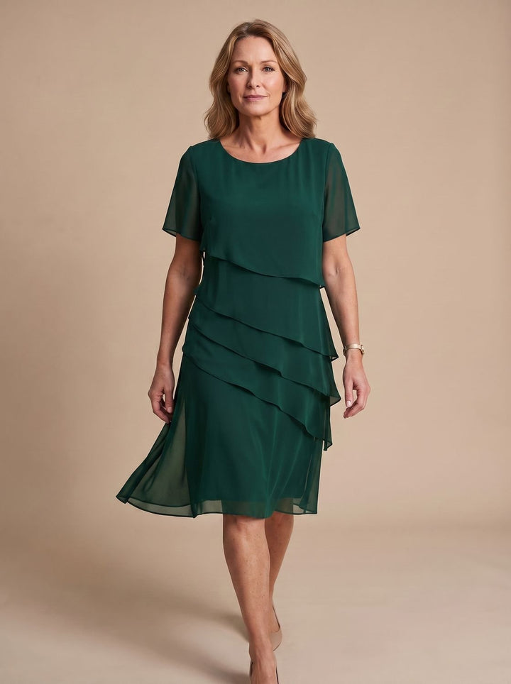 Women's Tiered Chiffon Short-Sleeve Midi Dress - Green