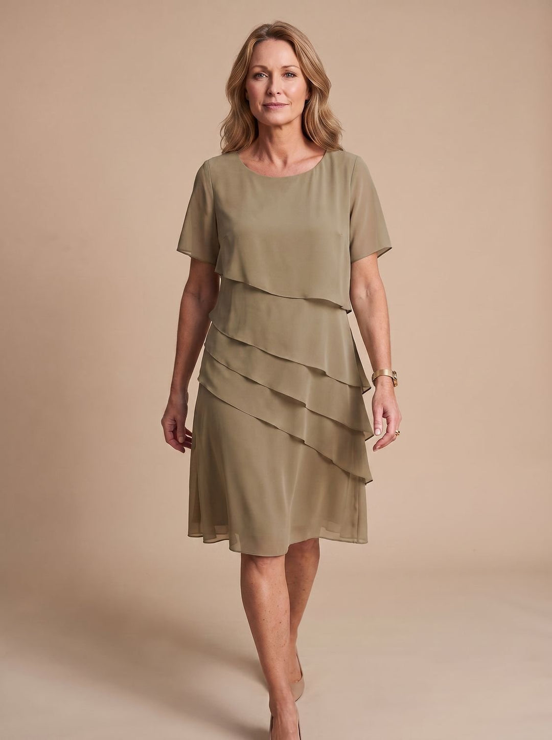Women's Tiered Chiffon Short-Sleeve Midi Dress - Khaki