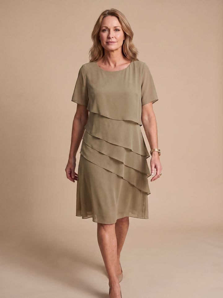 Women's Tiered Chiffon Short-Sleeve Midi Dress - Khaki