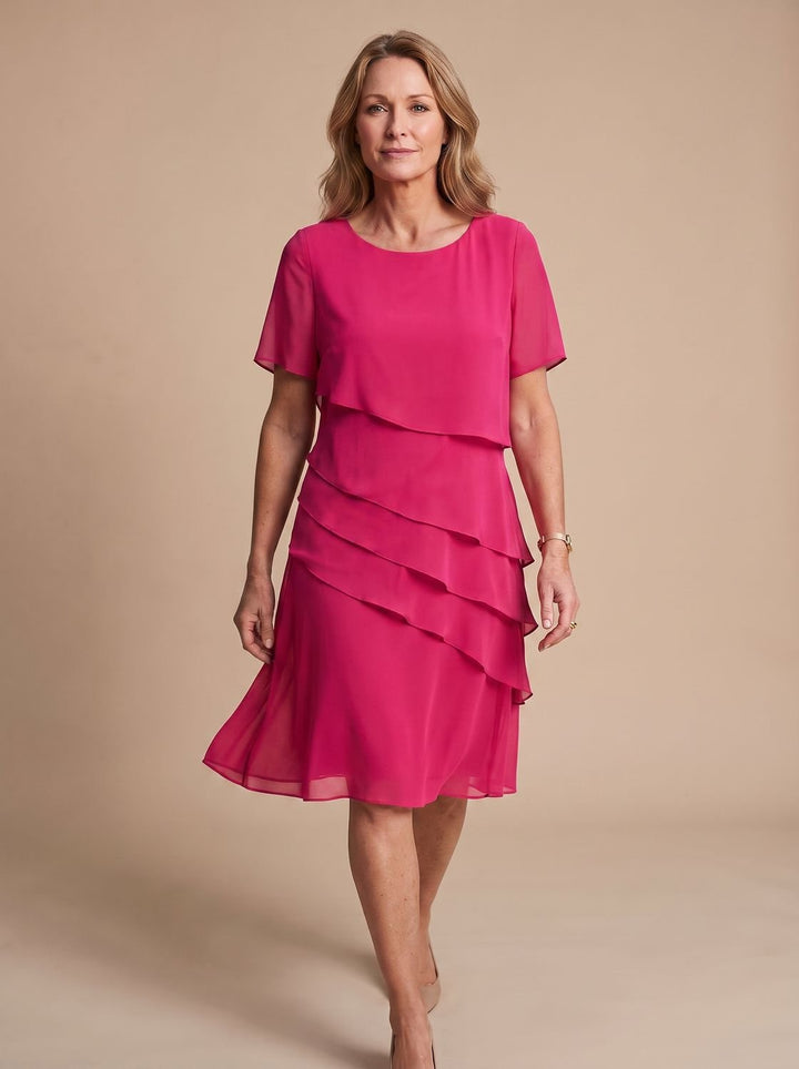 Women's Tiered Chiffon Short-Sleeve Midi Dress - Pink