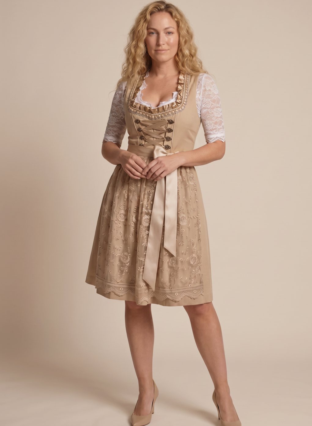 Women's Traditional Lace-Up Corset Dirndl Dress Knee-Length - Beige