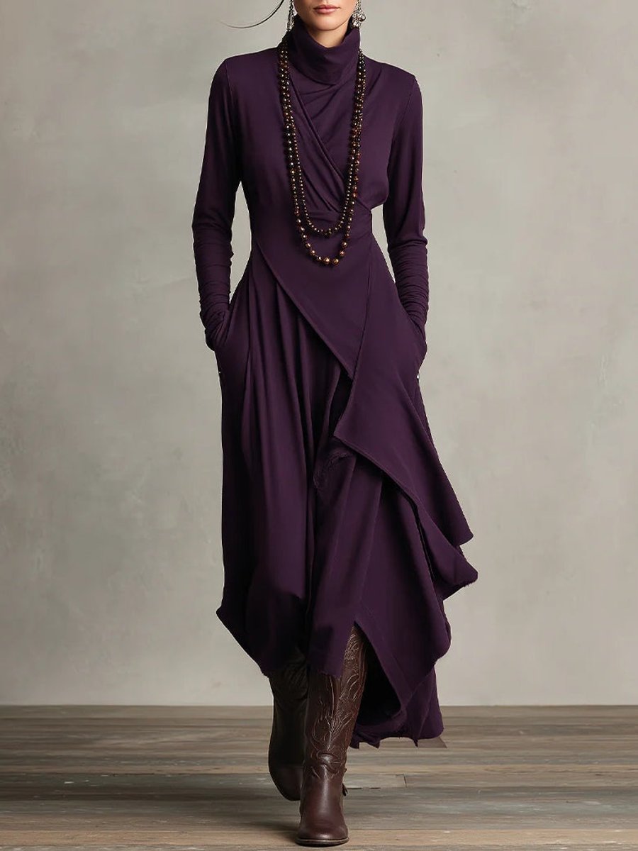 Women's Turtleneck Asymmetric Hem Draped Long Sleeve Dress - Purple