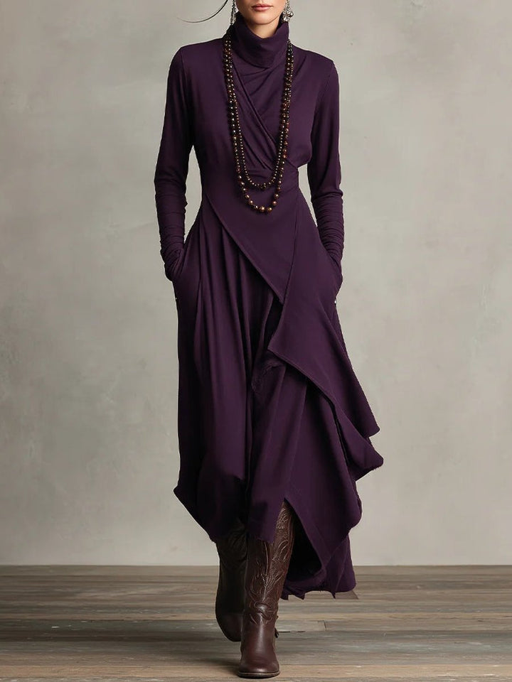 Women's Turtleneck Asymmetric Hem Draped Long Sleeve Dress - Purple