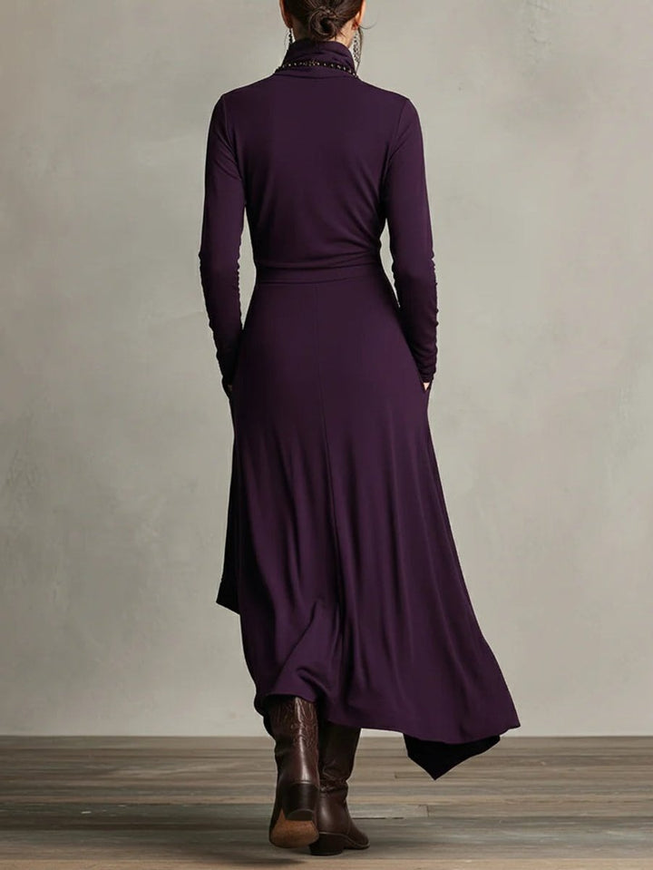 Women's Turtleneck Asymmetric Hem Draped Long Sleeve Dress