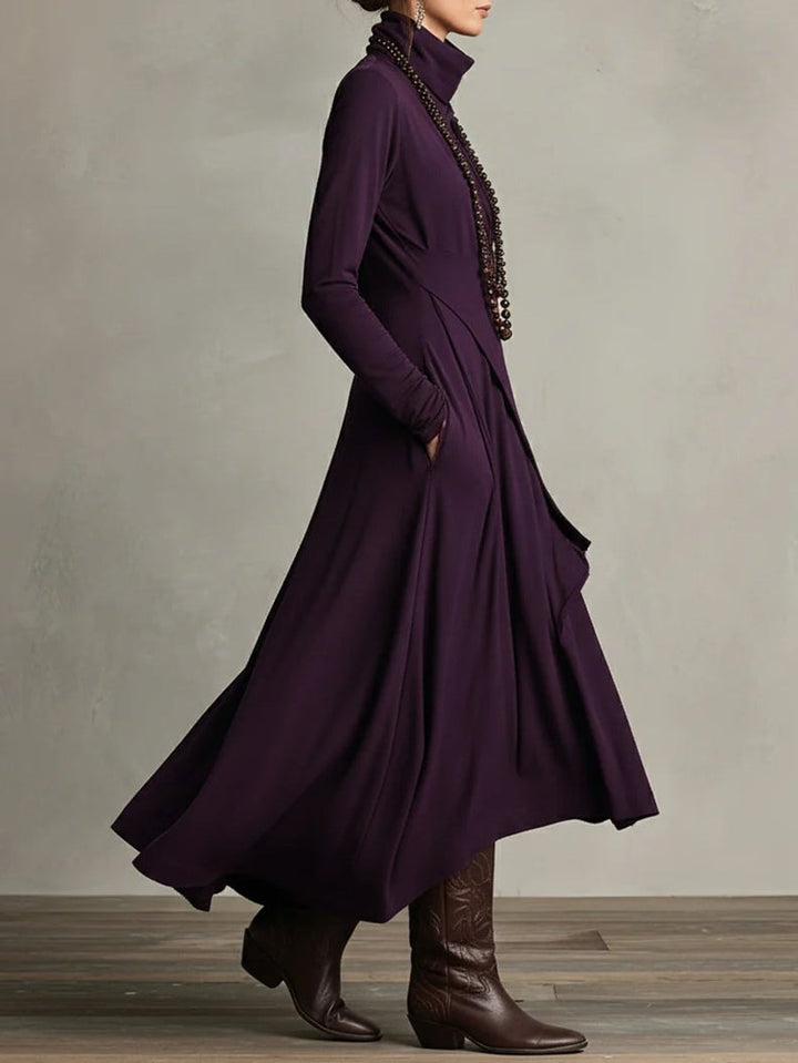 Women's Turtleneck Asymmetric Hem Draped Long Sleeve Dress