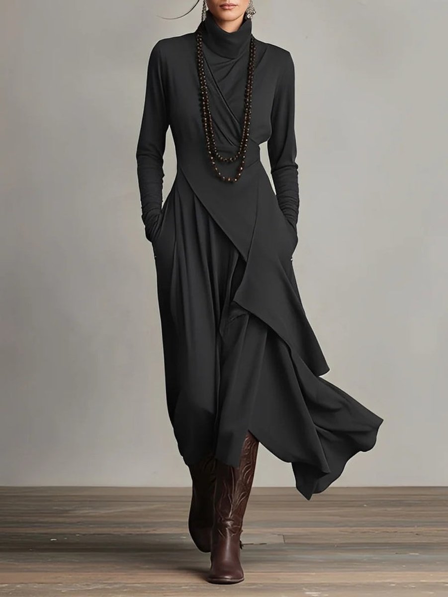 Women's Turtleneck Asymmetric Hem Draped Long Sleeve Dress - Black