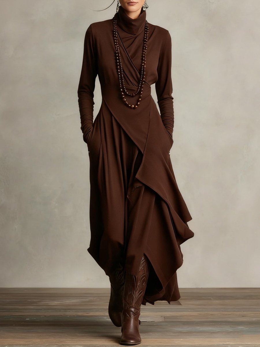 Women's Turtleneck Asymmetric Hem Draped Long Sleeve Dress - Brown