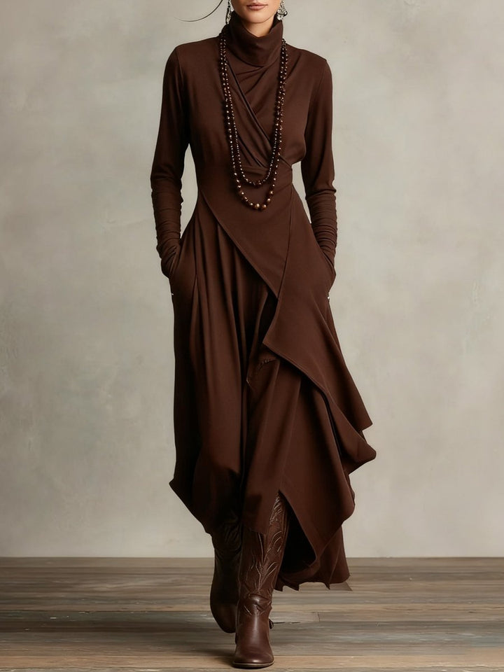 Women's Turtleneck Asymmetric Hem Draped Long Sleeve Dress - Brown