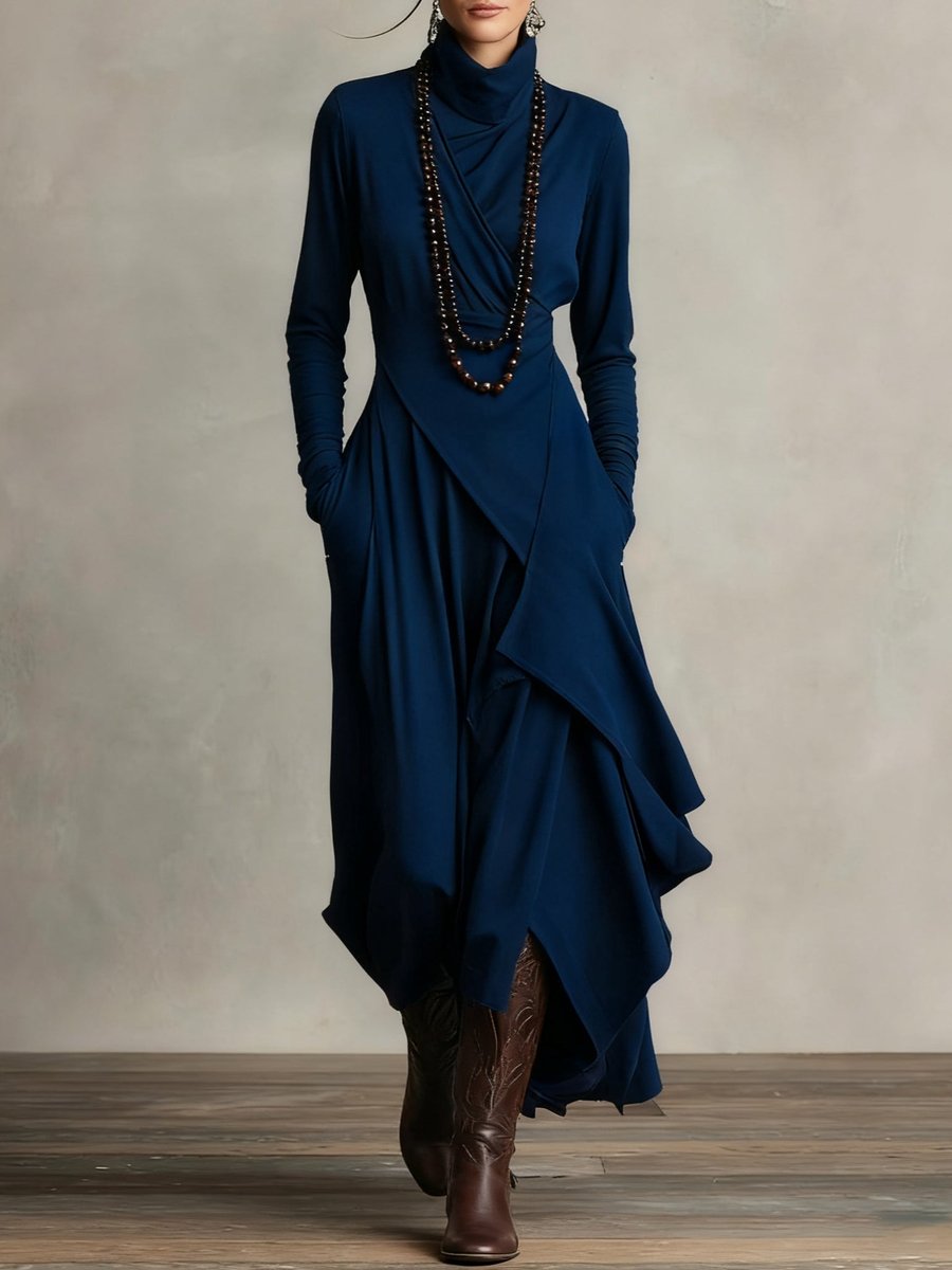 Women's Turtleneck Asymmetric Hem Draped Long Sleeve Dress - Navy Blue