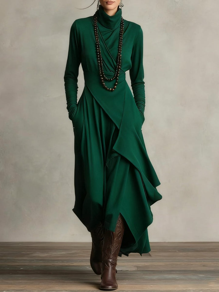 Women's Turtleneck Asymmetric Hem Draped Long Sleeve Dress - Green