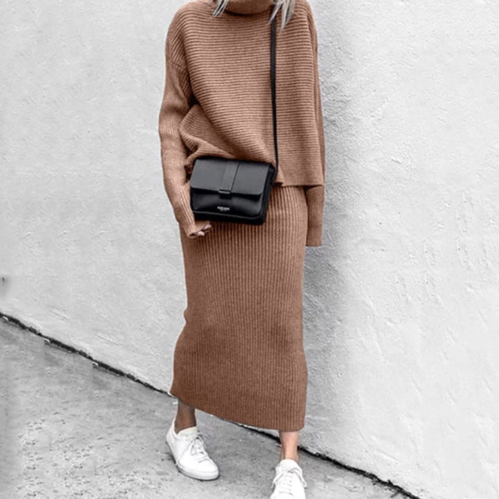 Women's Turtleneck Cozy Pullover Ribbed Knit Two-Piece Skirt Set - Brown