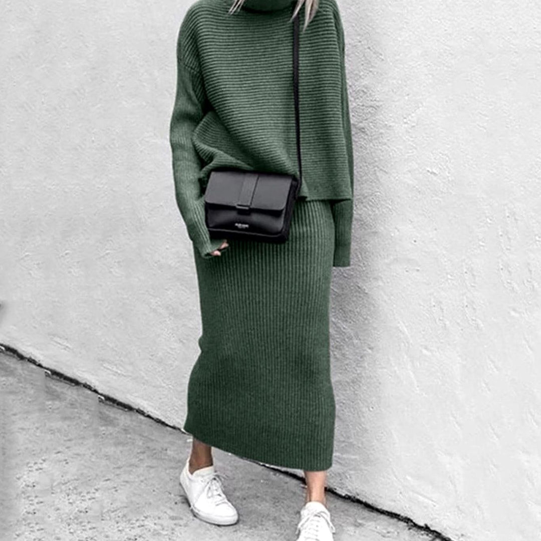 Women's Turtleneck Cozy Pullover Ribbed Knit Two-Piece Skirt Set - Military Green