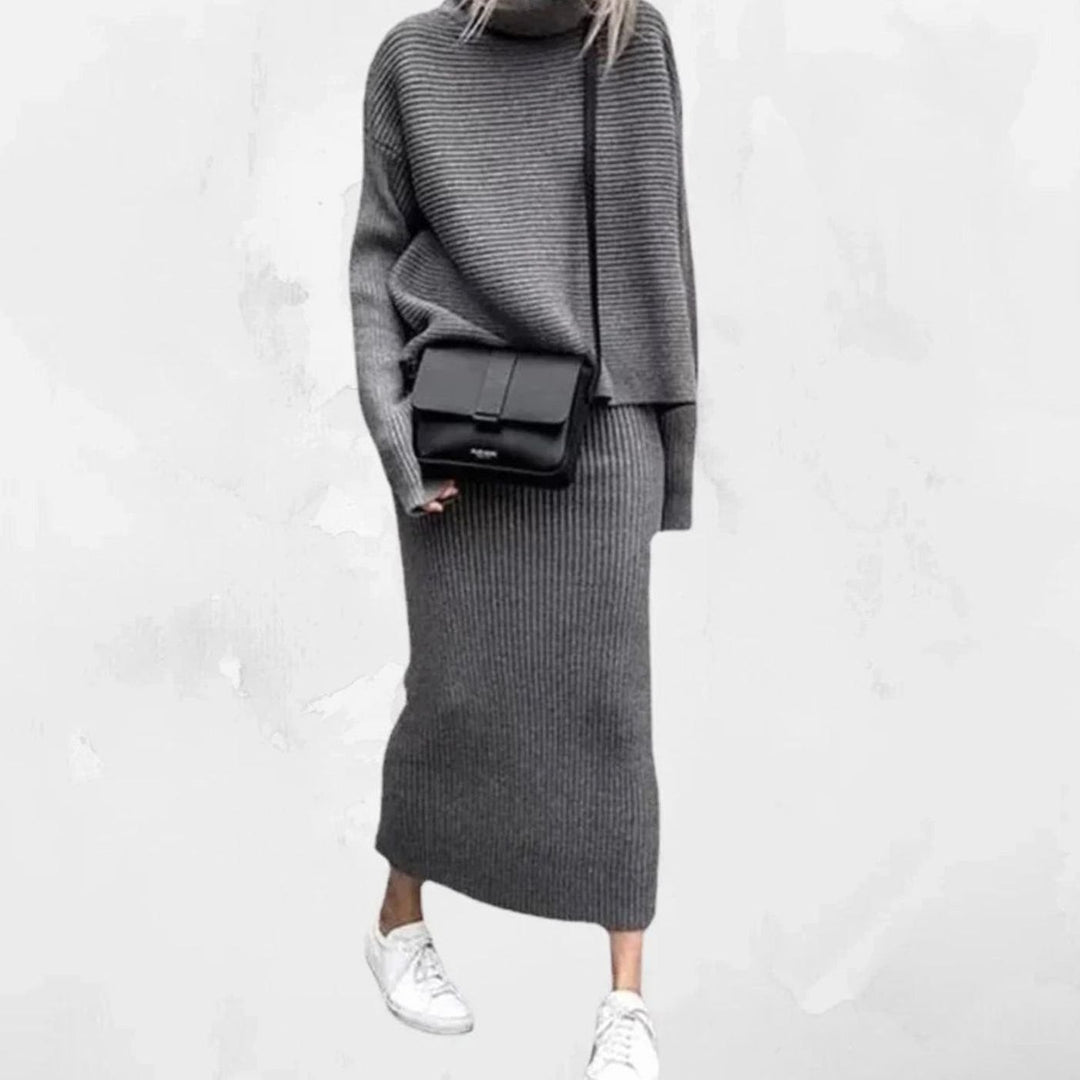Women's Turtleneck Cozy Pullover Ribbed Knit Two-Piece Skirt Set - Grey