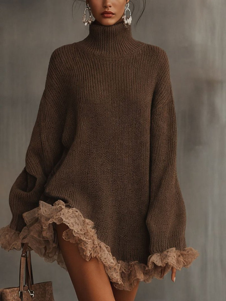 Women's Turtleneck Oversized Knit Lace-Hem Formal Dresses - Brown