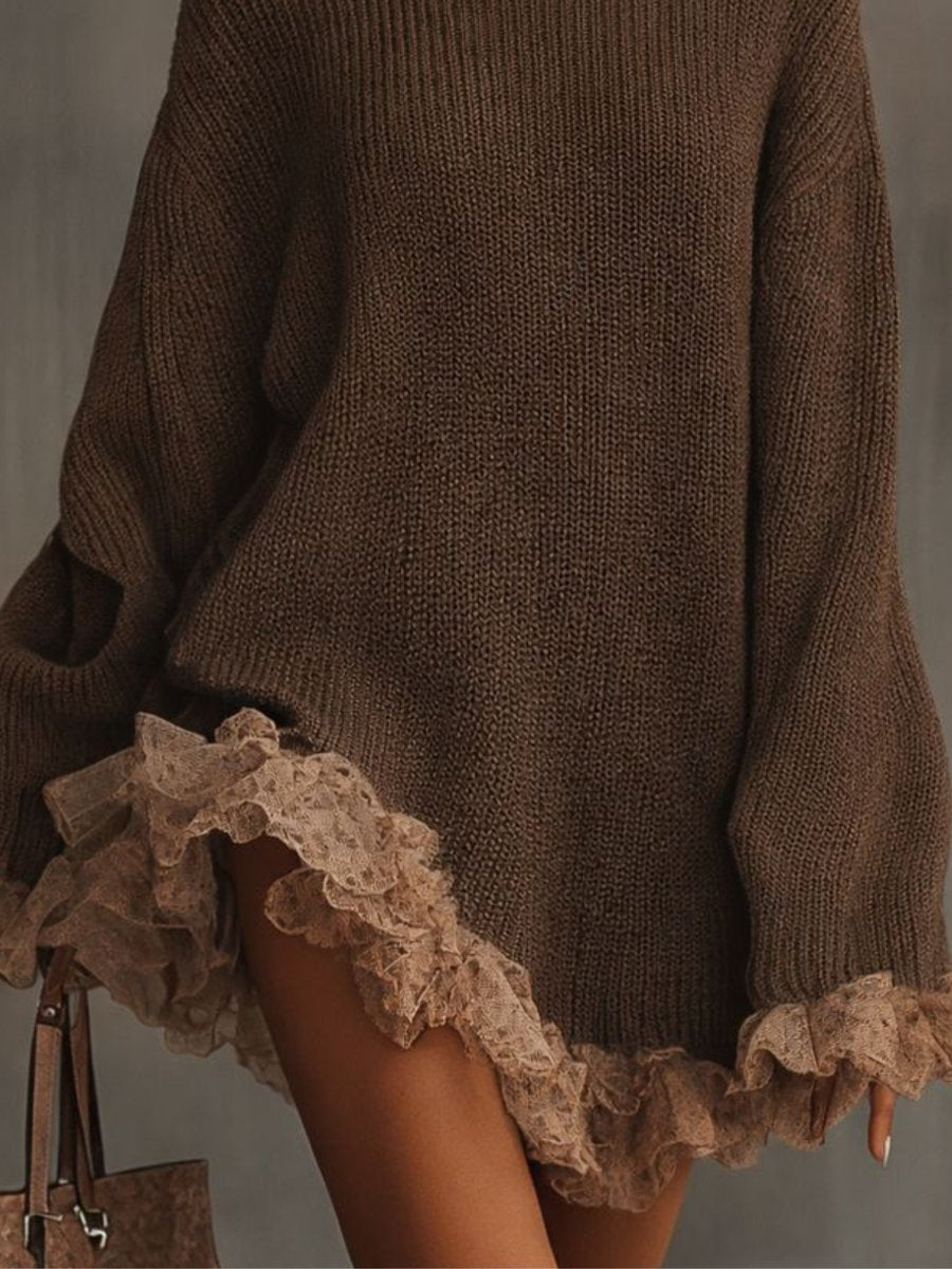 Women's Turtleneck Oversized Knit Lace-Hem Formal Dresses