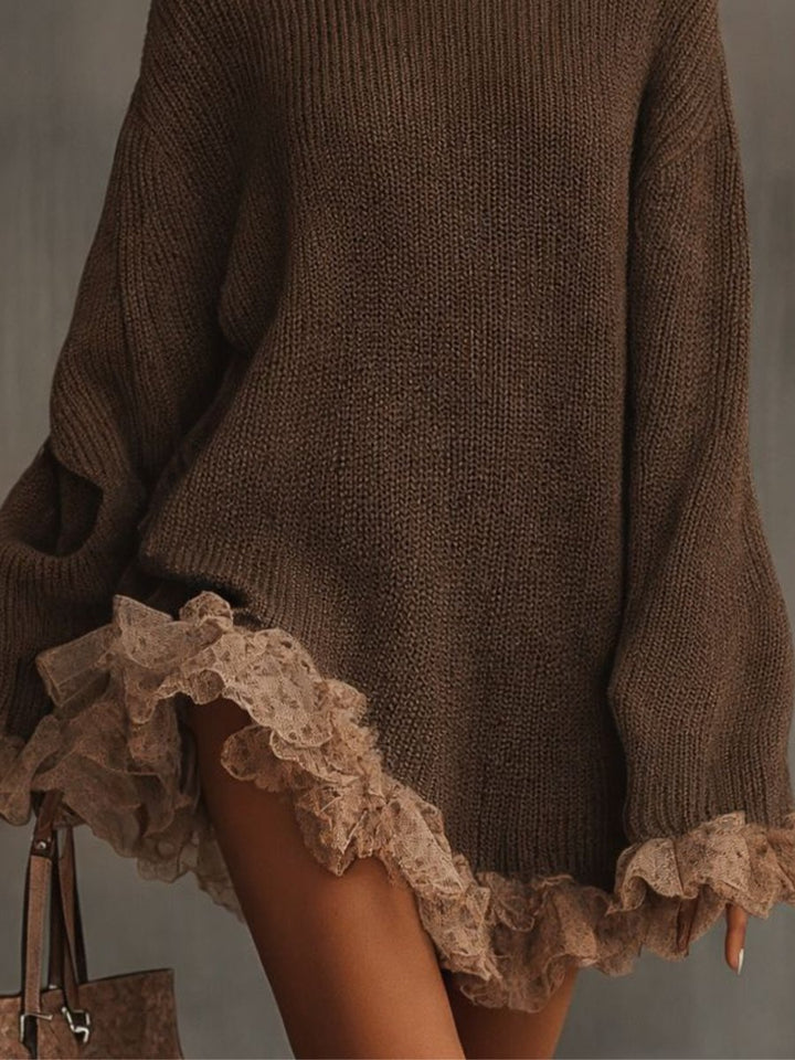 Women's Turtleneck Oversized Knit Lace-Hem Formal Dresses