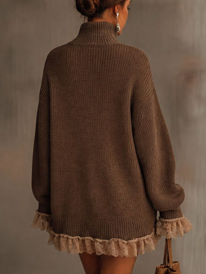 Women's Turtleneck Oversized Knit Lace-Hem Formal Dresses