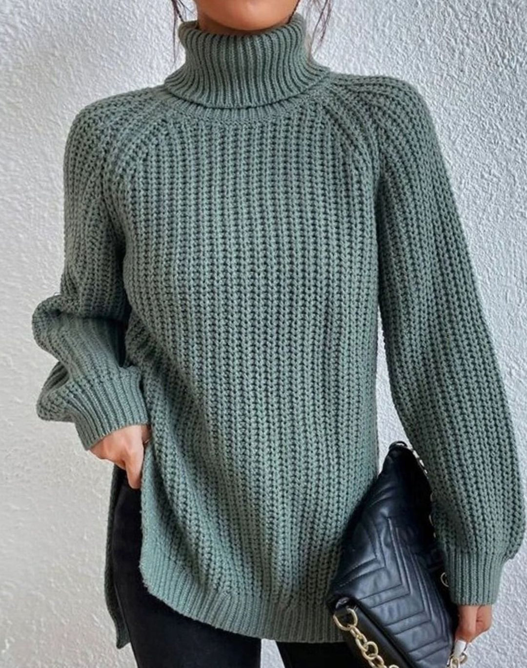 Women's Turtleneck Relaxed-Fit Ribbed Knit Sweater - Green