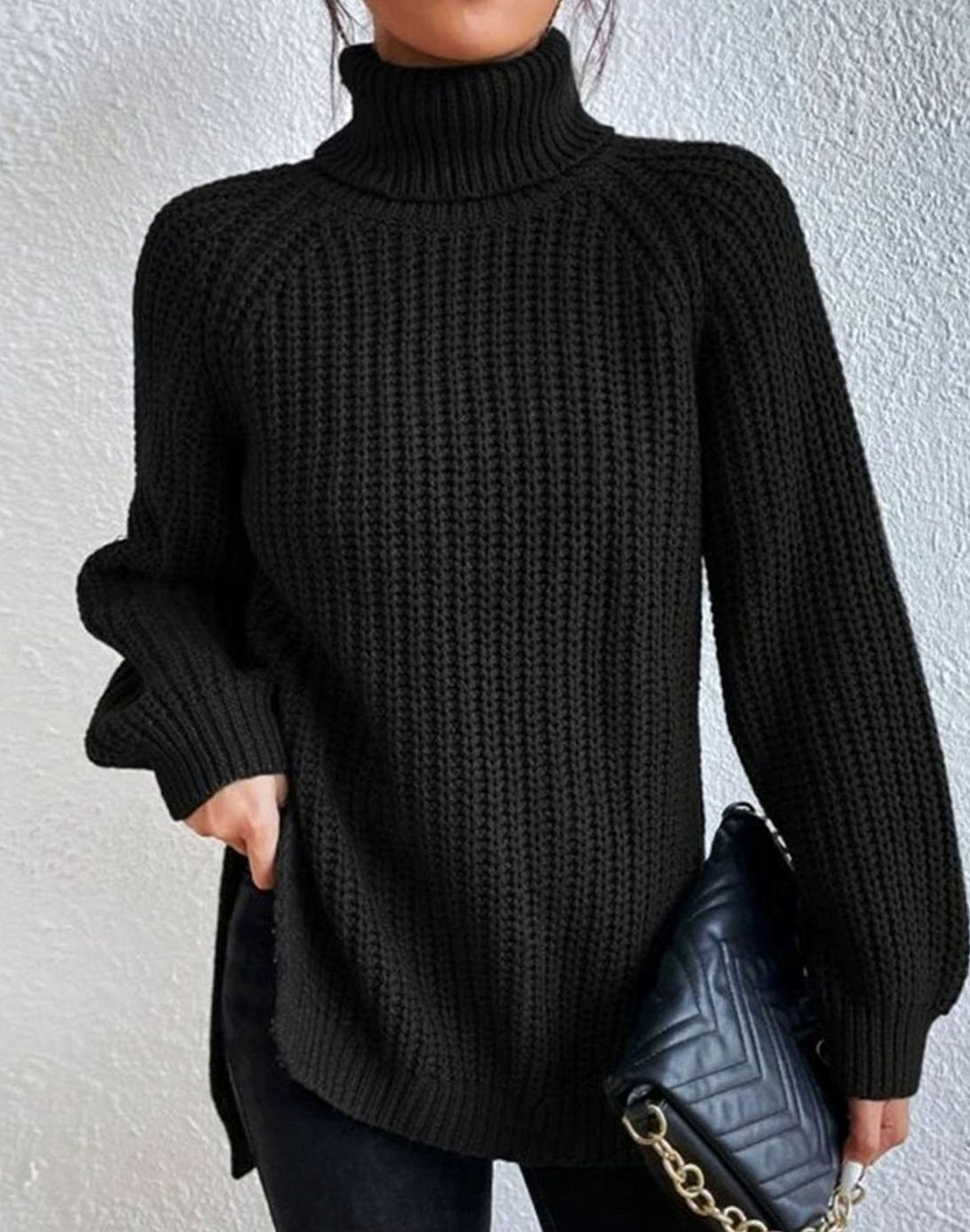 Women's Turtleneck Relaxed-Fit Ribbed Knit Sweater - Black