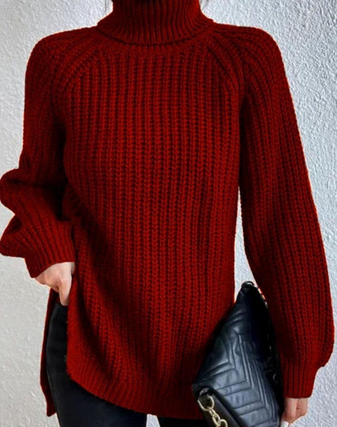 Women's Turtleneck Relaxed-Fit Ribbed Knit Sweater - Burgundy