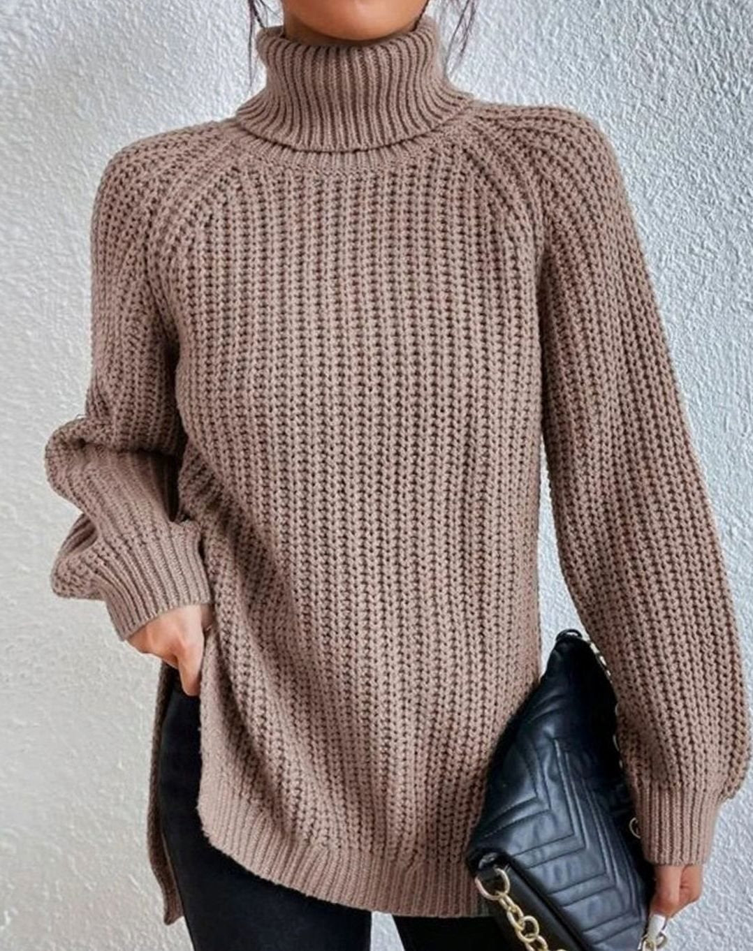 Women's Turtleneck Relaxed-Fit Ribbed Knit Sweater - Khaki