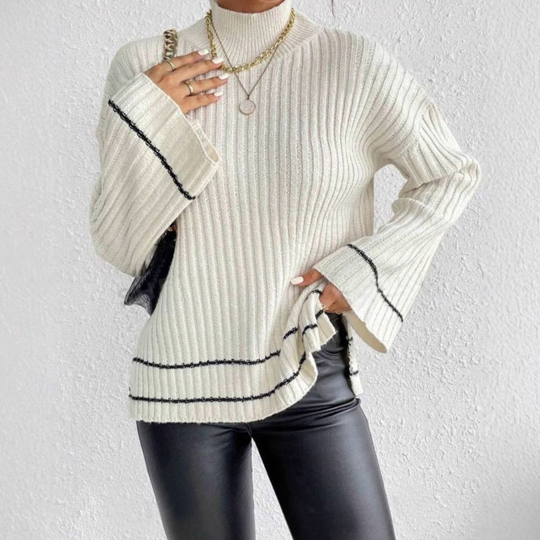 Women's Turtleneck Ribbed Knit Sweater Flare Sleeve Striped-Trim Pullover