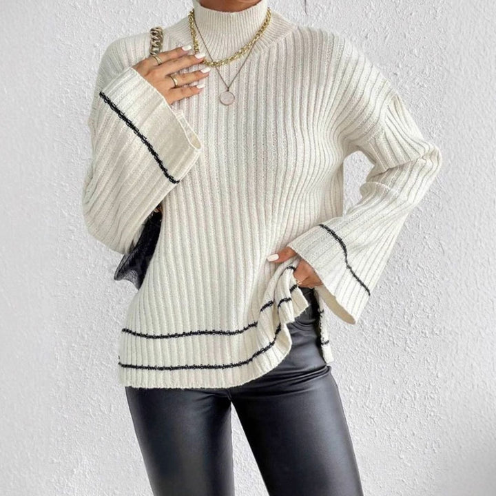 Women's Turtleneck Ribbed Knit Sweater Flare Sleeve Striped-Trim Pullover