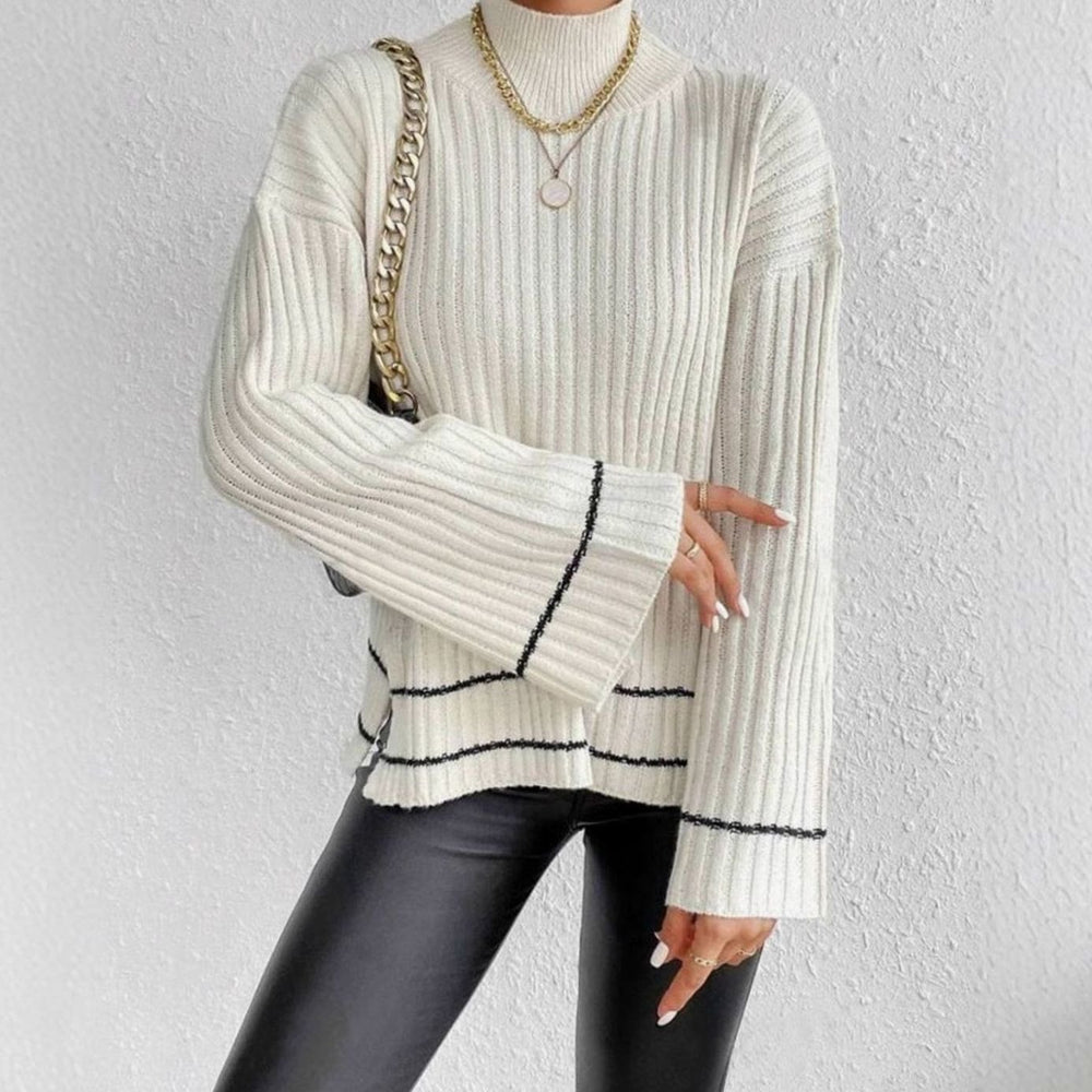 Women's Turtleneck Ribbed Knit Sweater Flare Sleeve Striped-Trim Pullover