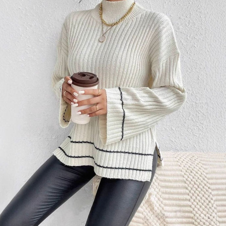 Women's Turtleneck Ribbed Knit Sweater Flare Sleeve Striped-Trim Pullover