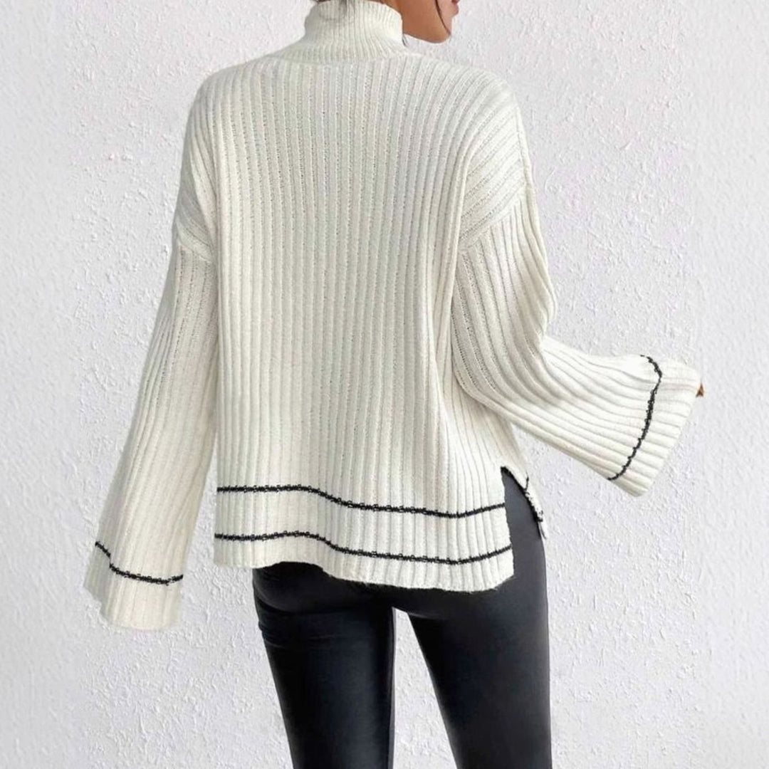 Women's Turtleneck Ribbed Knit Sweater Flare Sleeve Striped-Trim Pullover