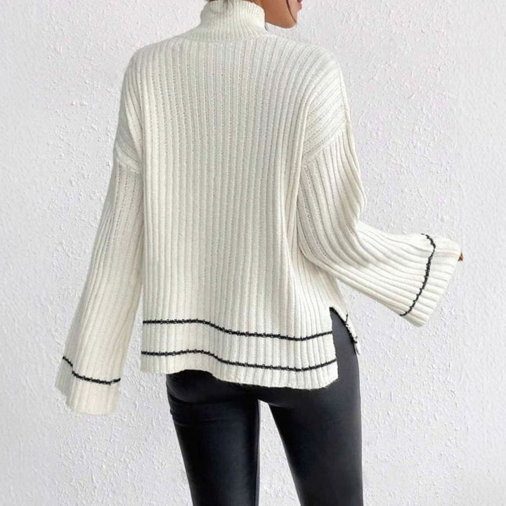 Women's Turtleneck Ribbed Knit Sweater Flare Sleeve Striped-Trim Pullover