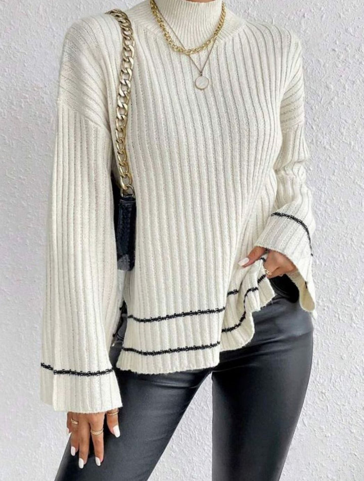 Women's Turtleneck Ribbed Knit Sweater Flare Sleeve Striped-Trim Pullover - White