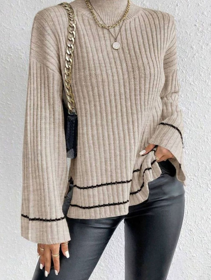 Women's Turtleneck Ribbed Knit Sweater Flare Sleeve Striped-Trim Pullover - Apricot