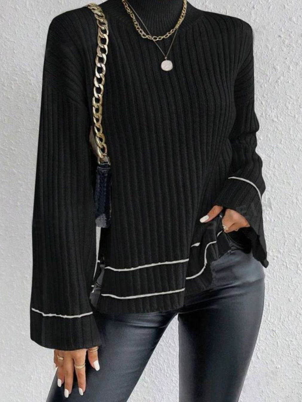 Women's Turtleneck Ribbed Knit Sweater Flare Sleeve Striped-Trim Pullover - Black