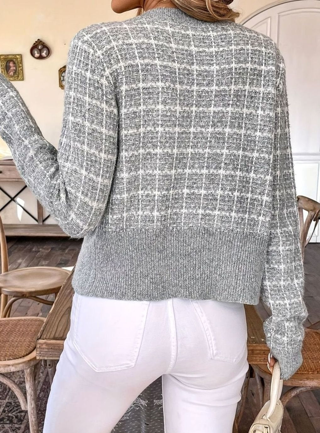 Women's Tweed-Style Button-Front Cropped Knit Cardigan