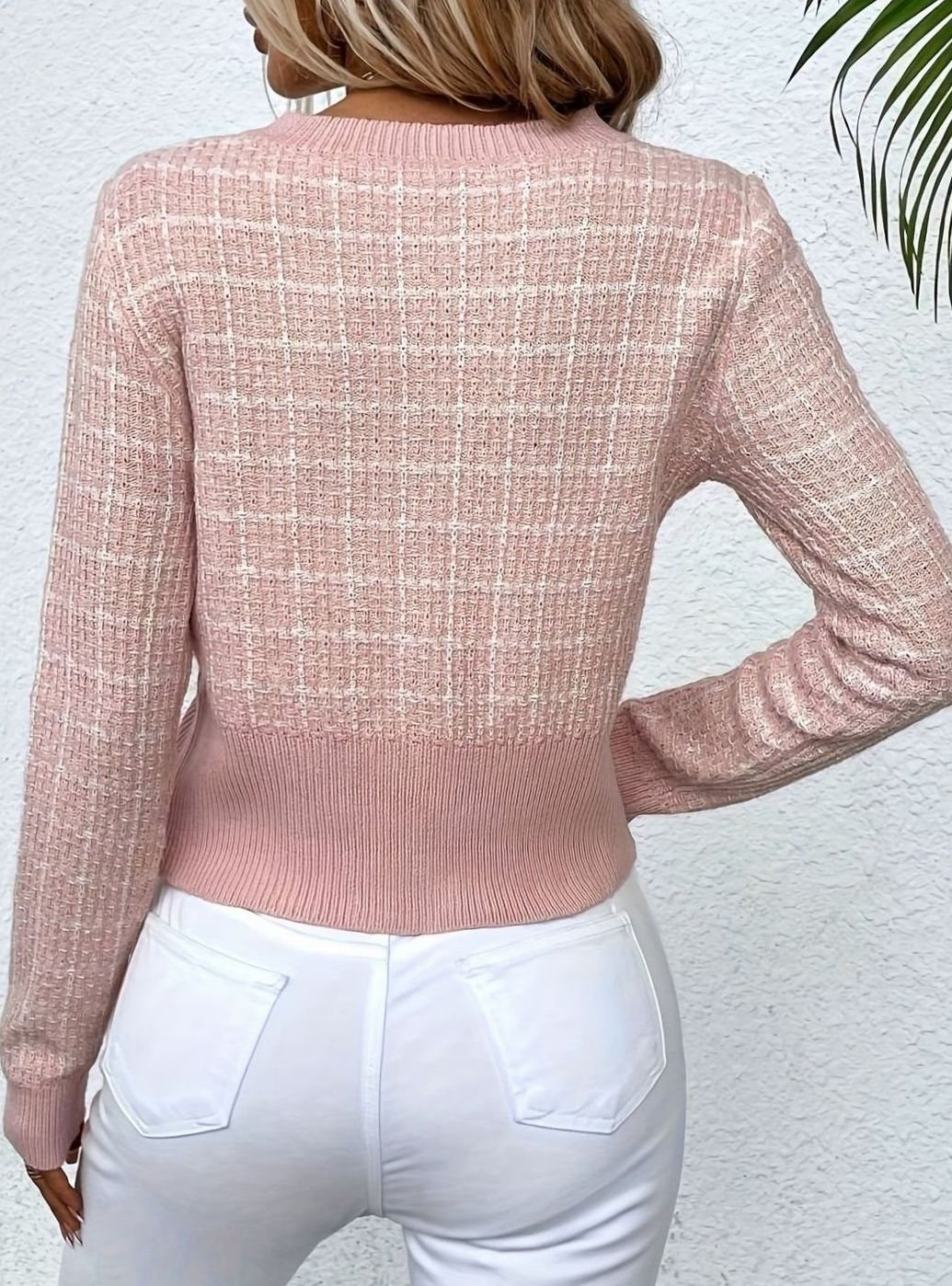 Women's Tweed-Style Button-Front Cropped Knit Cardigan