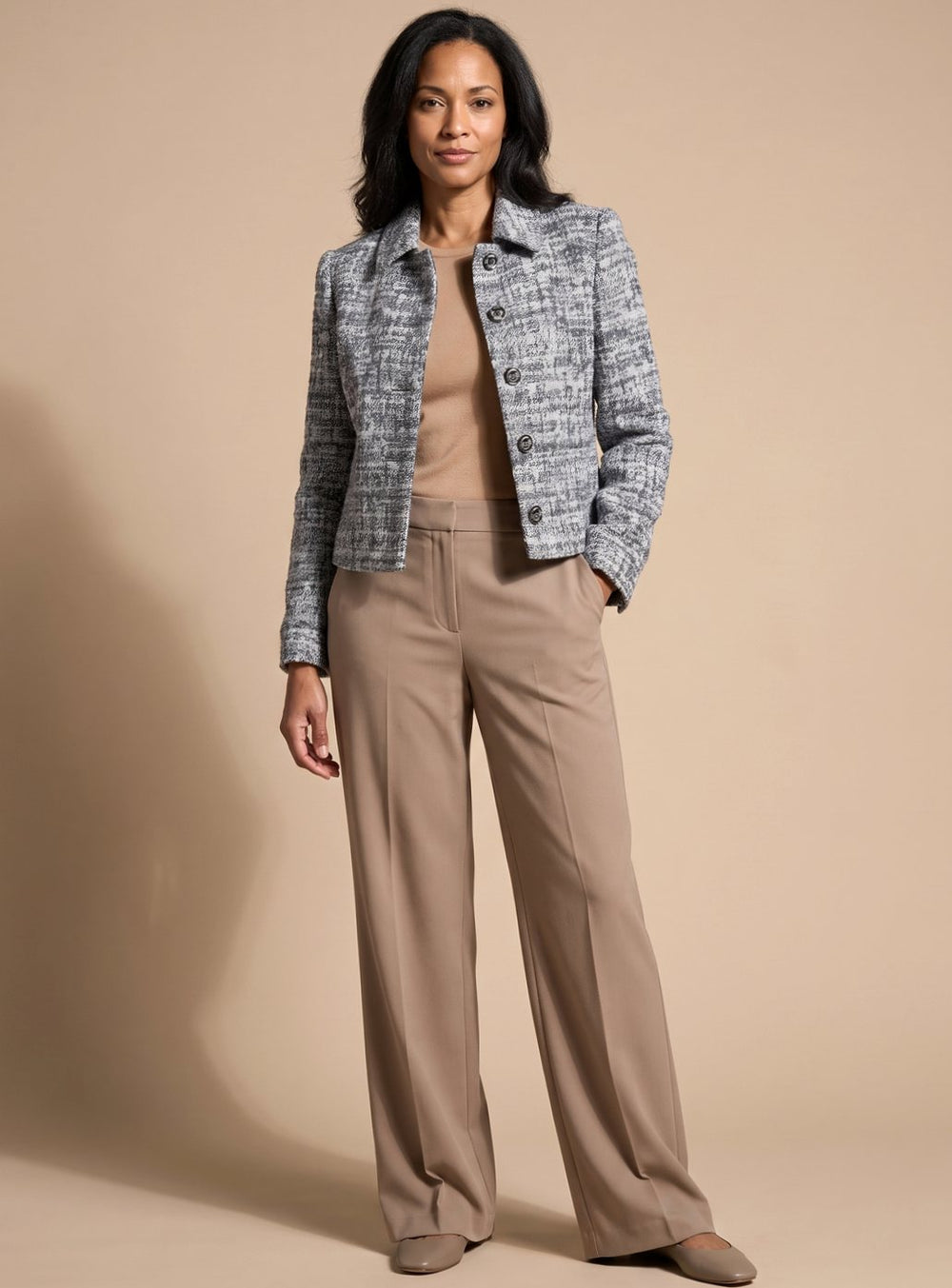 Women's Tweed Two-Piece Wide-Leg Cropped Pants Blazer Set - Black