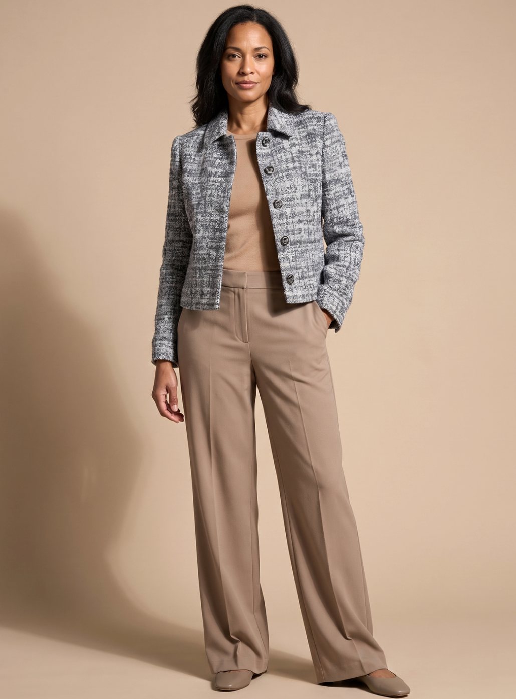 Women's Tweed Two-Piece Wide-Leg Cropped Pants Blazer Set - Black