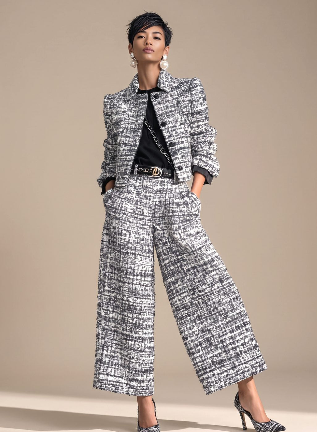 Women's Tweed Two-Piece Wide-Leg Cropped Pants Blazer Set - Gray